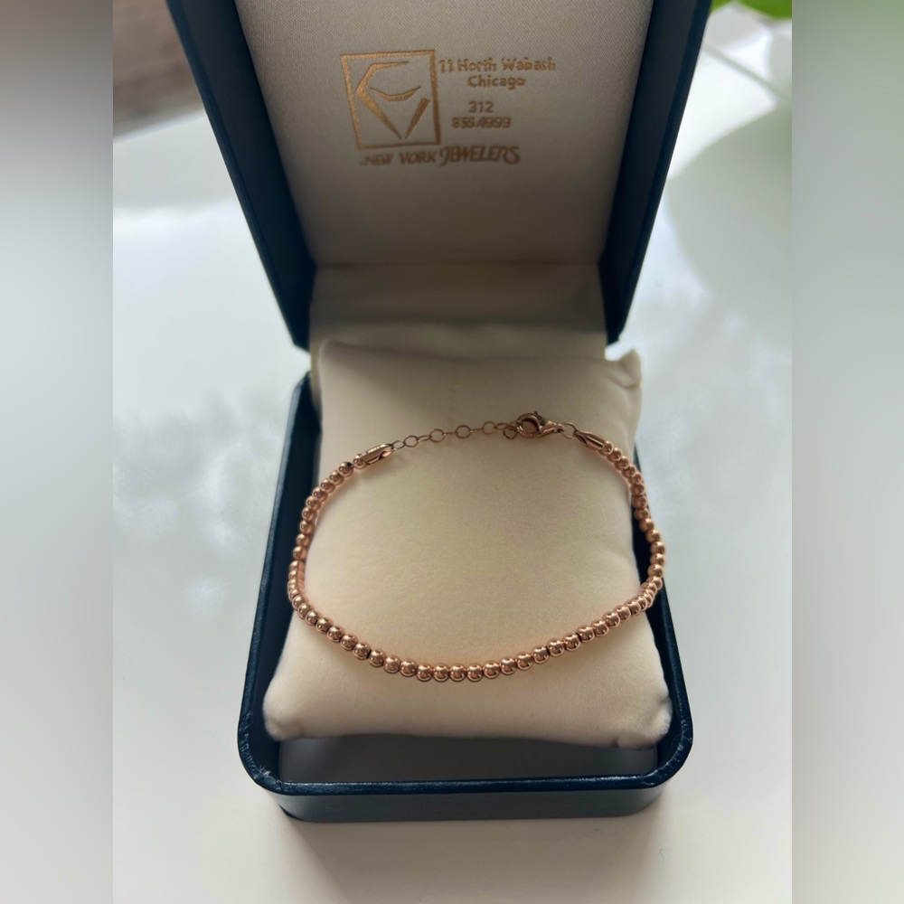 14K 3mm 8" PURE SOLID Rose Gold Beaded Bracelet, Not Plated/Filled